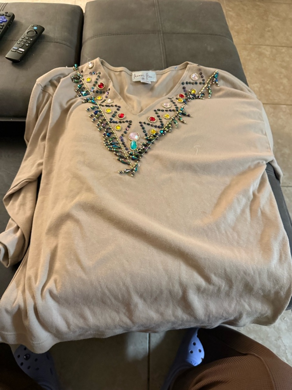 Karen Kane Beige V-Neck Tunic with Multicolor Jewel Embellishment